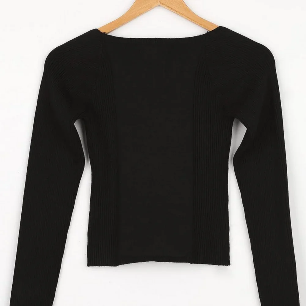 LULUS - Black Ribbed Square Neck Sweater Top - Womens - Size S - Picture 7 of 8